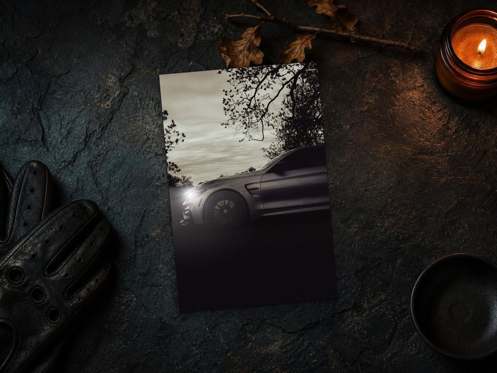 Moody BMW Car with Glowing Headlight and Silhouetted Trees P